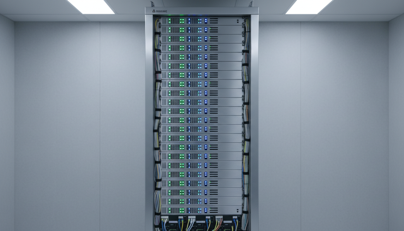 An elegant, brushed steel server rack with rows of blinking green and blue indicator lights, standing against a subtly textured, pale gray wall in a climate-controlled equipment room. The rack’s neatly bundled cables and structured organization are highlighted by cool, direct overhead fluorescent lighting, creating crisp reflections and subtle shadows that reinforce orderliness. The composition uses a symmetrical, head-on angle, guiding the viewer’s eye down the length of the rack, conveying precision and reliability. The image evokes a mood of steady dependability and technical expertise and embodies photographic realism and neutrality, aligning with a corporate security technology provider.