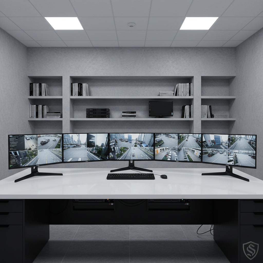 An organized, high-end surveillance control station featuring a set of slim black monitor screens with crystal-clear video feeds, arranged on a pristine white desk with cable management trays. The setting is a dedicated security room with structured, light-gray walls and minimalist shelving holding neatly stacked technical manuals. Cool, even overhead LED lighting softly illuminates the space, providing clarity and reducing harsh shadows, making the technology the focal point. The atmosphere is efficient and reassuring, with a sense of technological order and privacy. Photographed from a slightly elevated angle and centered composition, the sharpness highlights every detail for a clean, corporate look that aligns with a professional security installation company.