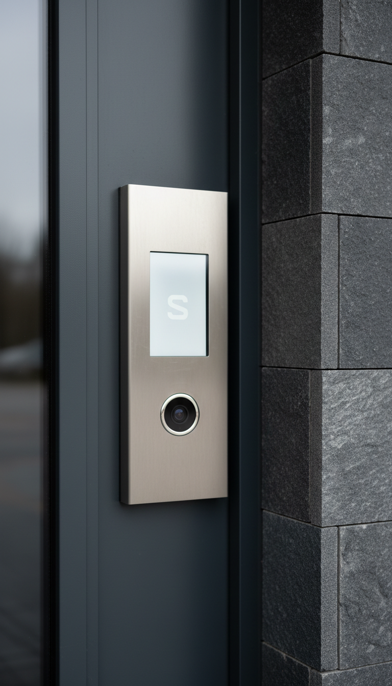 A close-up of a sophisticated, modern video door entry panel in satin-finish stainless steel, with a touchscreen display glowing softly and a flat, high-resolution camera lens. The device is installed flush beside a slate-gray corporate entry door, the surrounding façade accented with simple stonework and clear geometric lines. Diffused natural lighting from a cloudy sky enhances the neutral tones and minimizes glare, casting gentle, consistent illumination across the scene. The photographic composition keeps the panel firmly in focus, with a slight blur on architectural details in the background, creating a mood of unobtrusive security and corporate professionalism, perfectly suited to a business specializing in security installations.